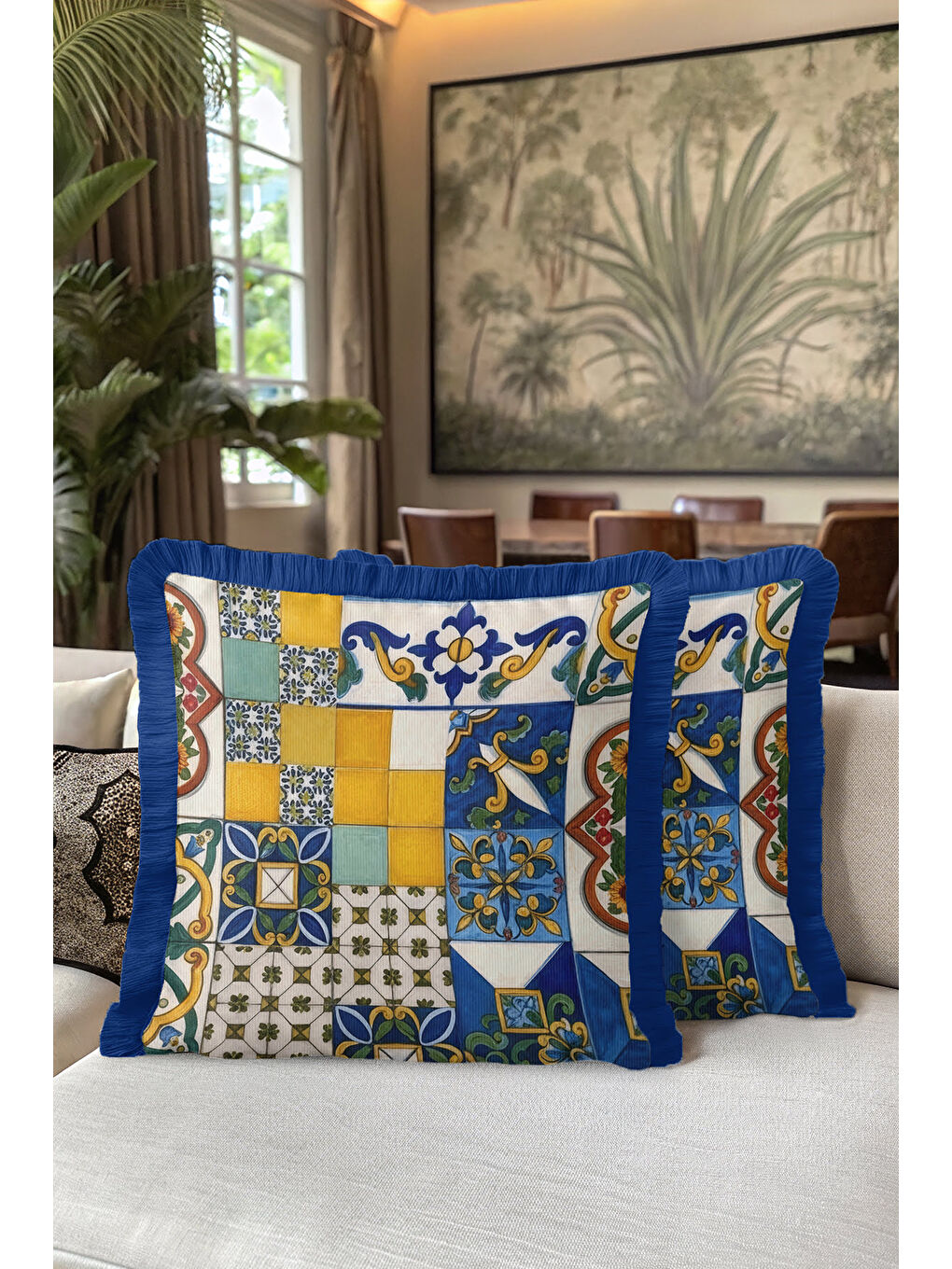 Karışık Akdeniz Seramik Mozaik Saçaklı Yastık Kılıfı - Vintage Renkli Mavi Sarı Püsküllü Kırlent Kılıfı-5