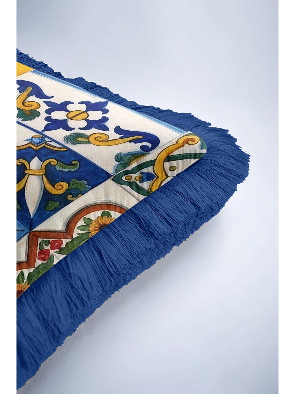 Karışık Akdeniz Seramik Mozaik Saçaklı Yastık Kılıfı - Vintage Renkli Mavi Sarı Püsküllü Kırlent Kılıfı-6