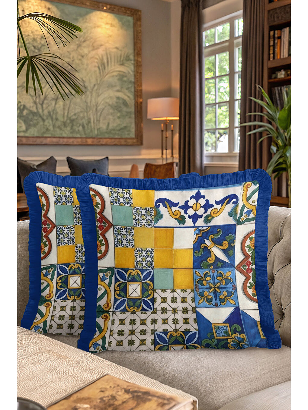 Karışık Akdeniz Seramik Mozaik Saçaklı Yastık Kılıfı - Vintage Renkli Mavi Sarı Püsküllü Kırlent Kılıfı-7