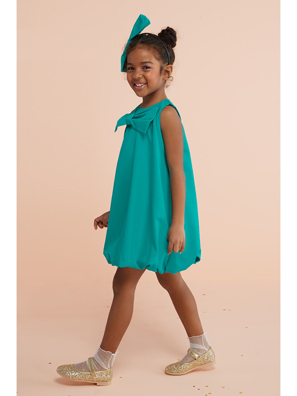 Yeşil Fiyonk Detaylı Kız Çocuk Balon Elbise