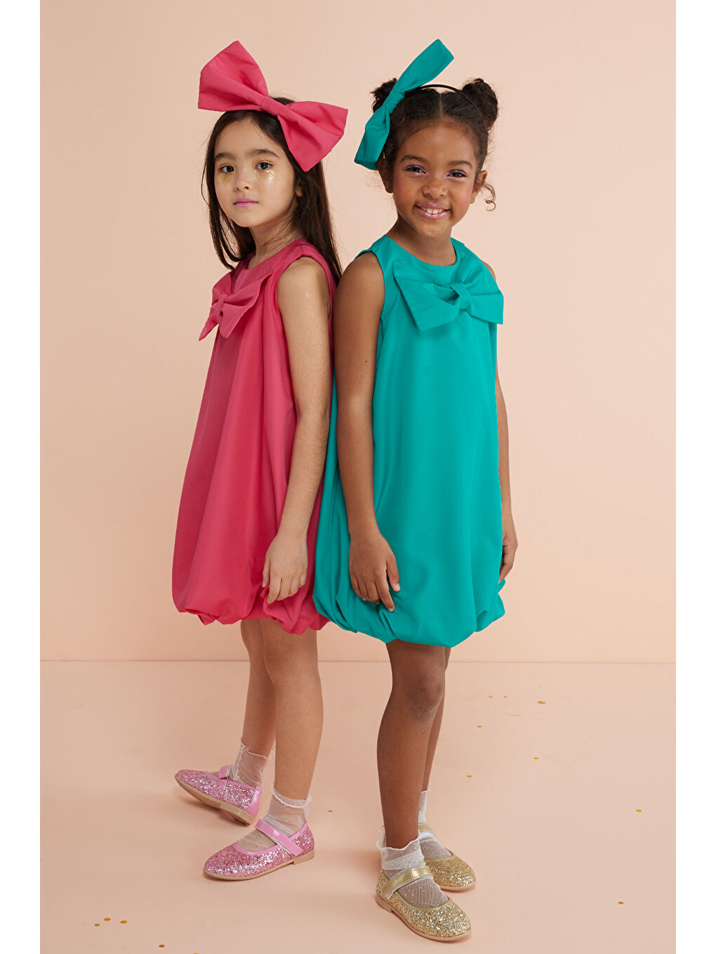 Yeşil Fiyonk Detaylı Kız Çocuk Balon Elbise-1