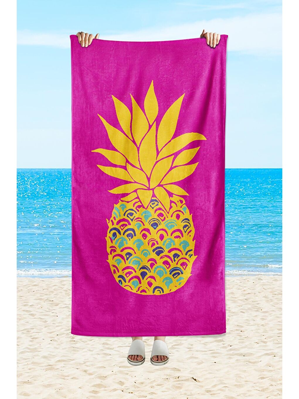 EVMİLA Karışık Ananas Desenli Baskılı Deniz Ve Plaj Havlusu Pembe