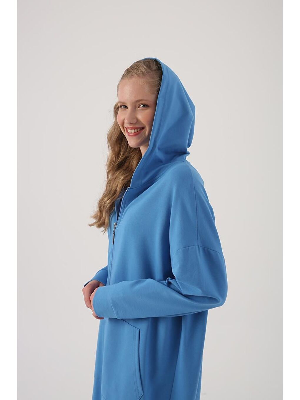 Mavi Saks Kapüşonlu Fermuarlı Sweat Hırka