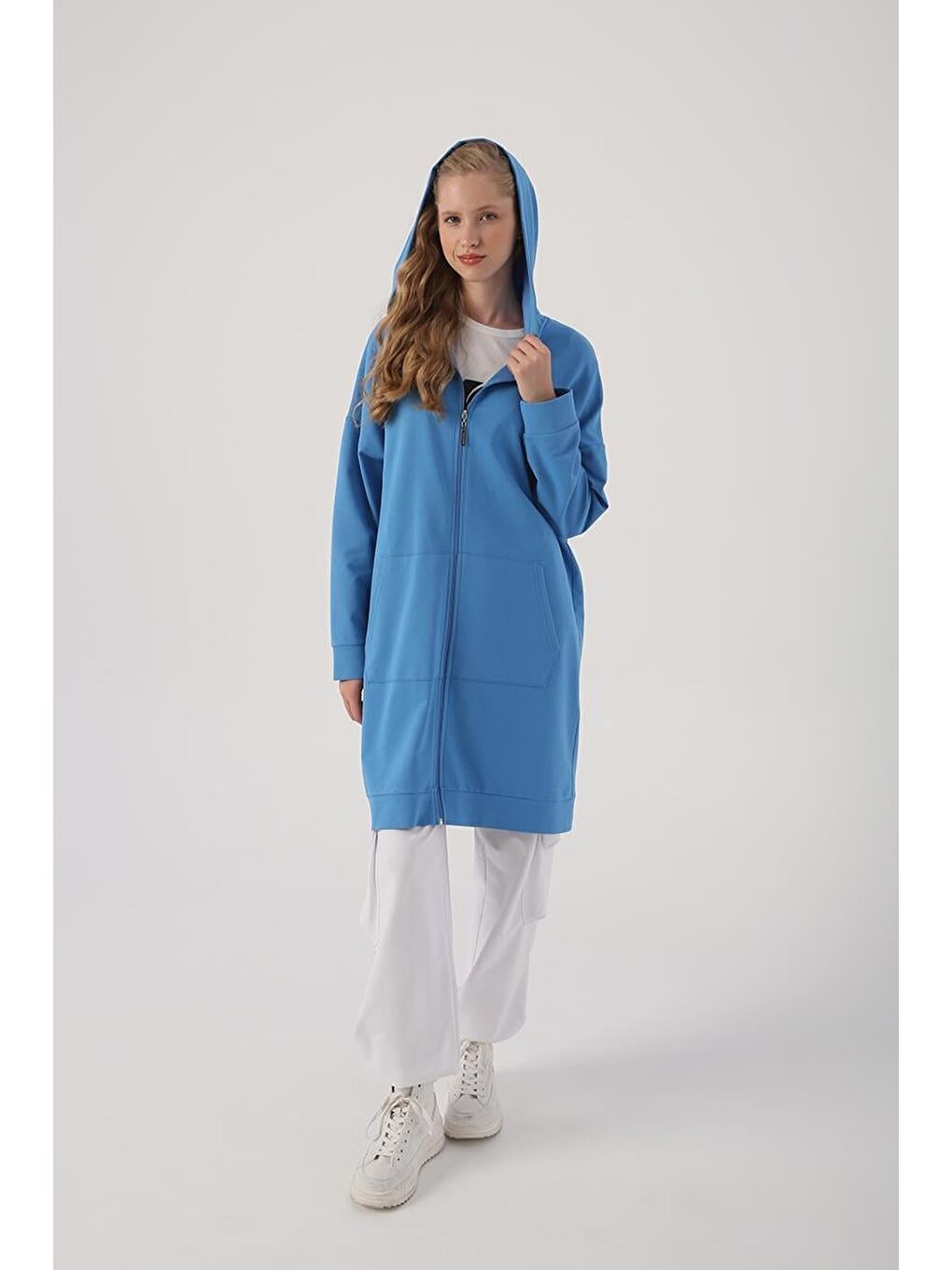 Mavi Saks Kapüşonlu Fermuarlı Sweat Hırka-1