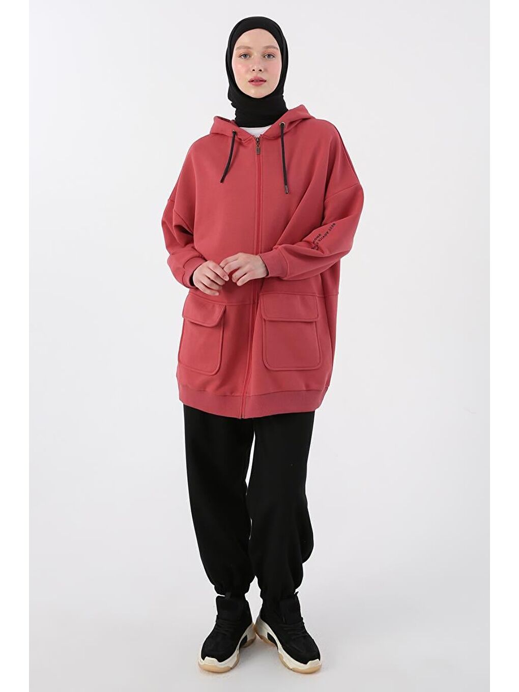 Pembe Gül Cepli Kapüşonlu Oversize Sweat Hırka