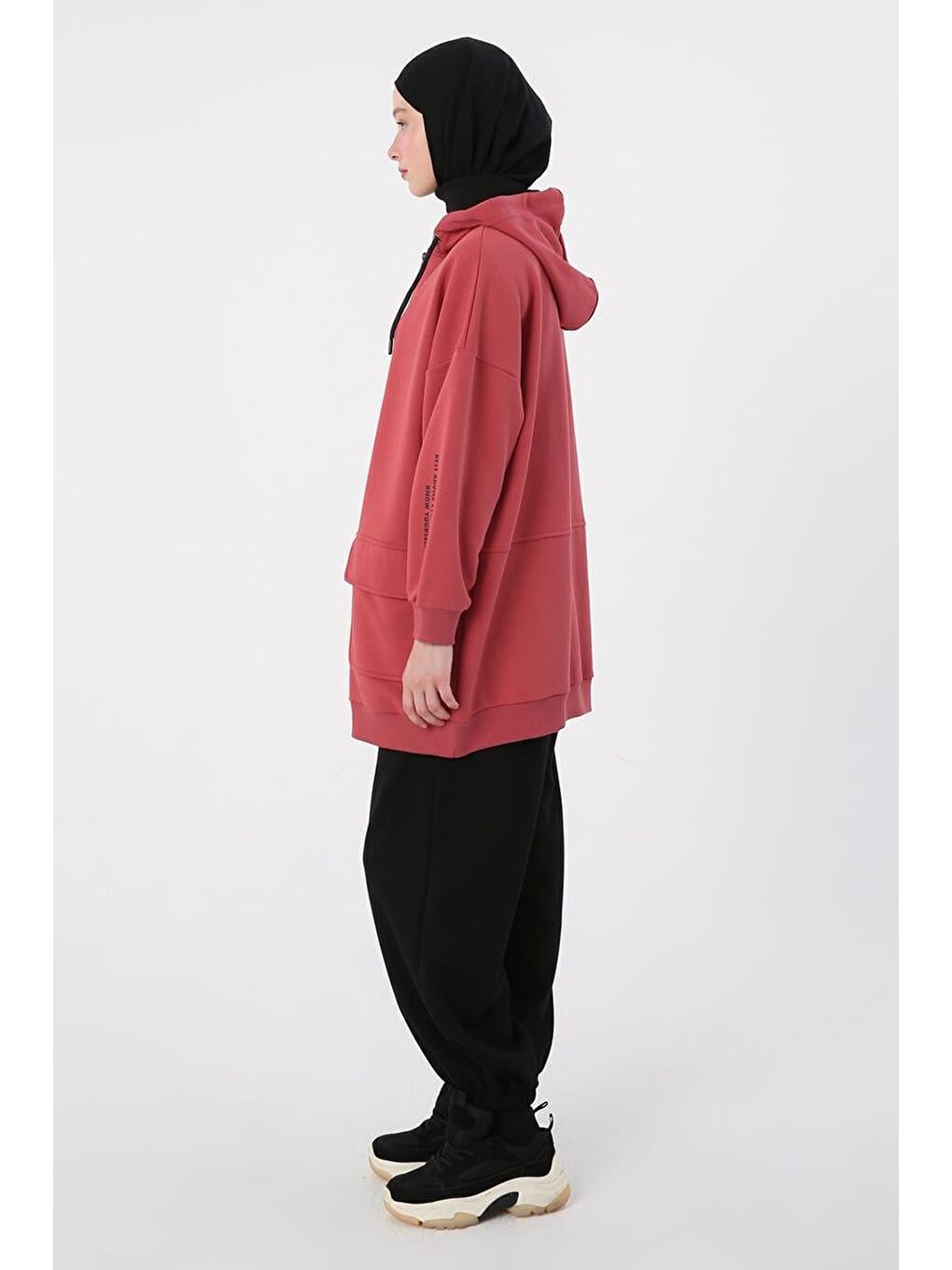 Pembe Gül Cepli Kapüşonlu Oversize Sweat Hırka-2
