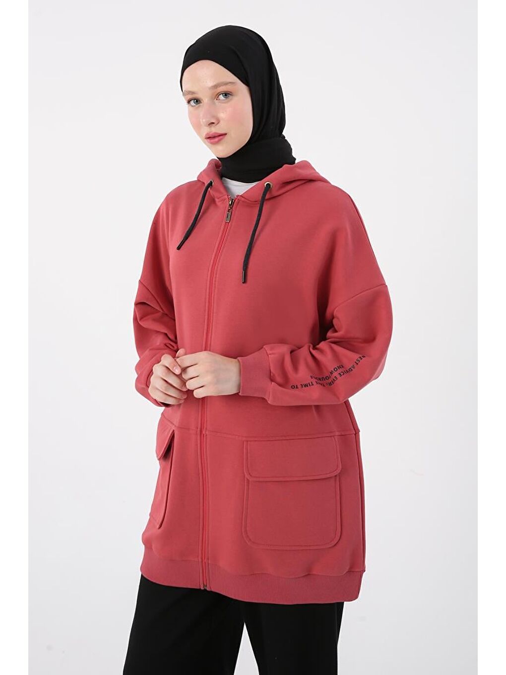 Pembe Gül Cepli Kapüşonlu Oversize Sweat Hırka-4