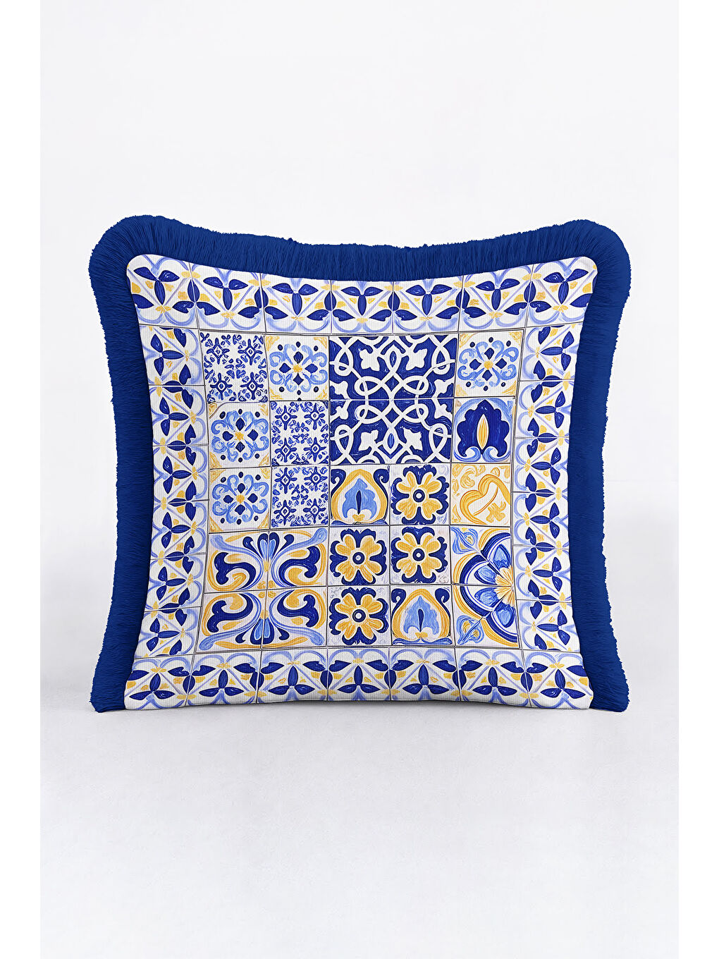 Karışık Akdeniz Mozaik Saçaklı Yastık Kılıfı - Geometrik Etnik Mavi Sarı Püsküllü Kırlent Kılıfı-1