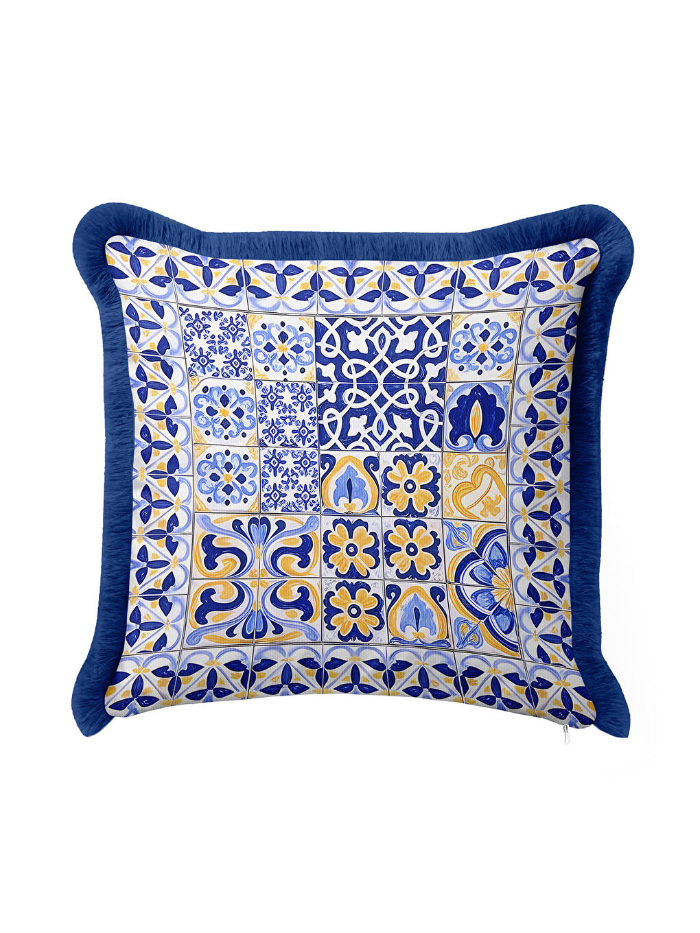 Karışık Akdeniz Mozaik Saçaklı Yastık Kılıfı - Geometrik Etnik Mavi Sarı Püsküllü Kırlent Kılıfı-2
