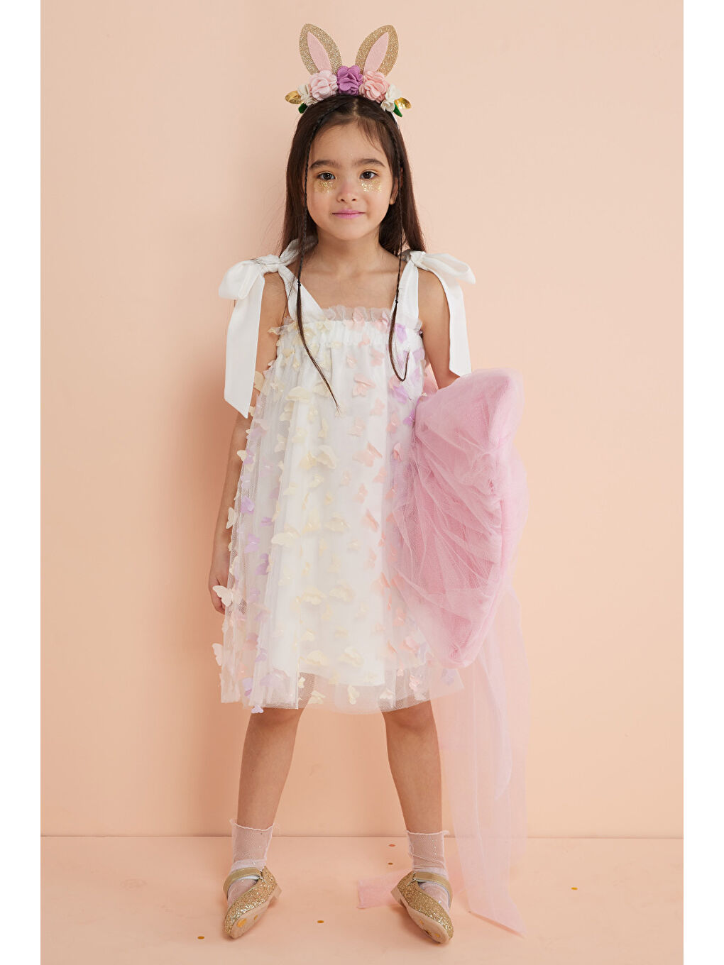 Karışık Çok Renkli Omuzdan Bağlamalı Kelebek Aplikeli Kız Çocuk Elbise - Nikki-1