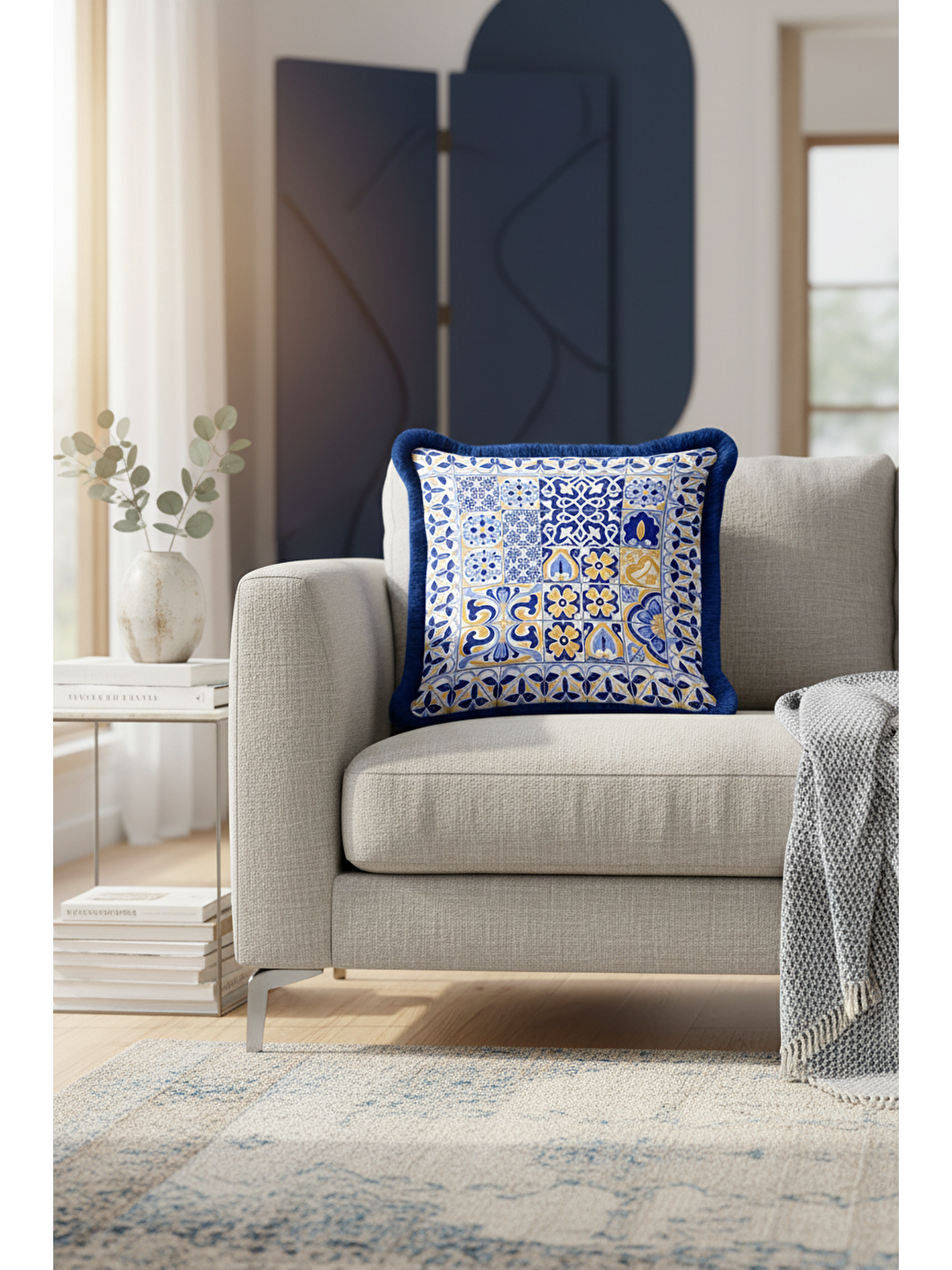 Karışık Akdeniz Mozaik Saçaklı Yastık Kılıfı - Geometrik Etnik Mavi Sarı Püsküllü Kırlent Kılıfı-4