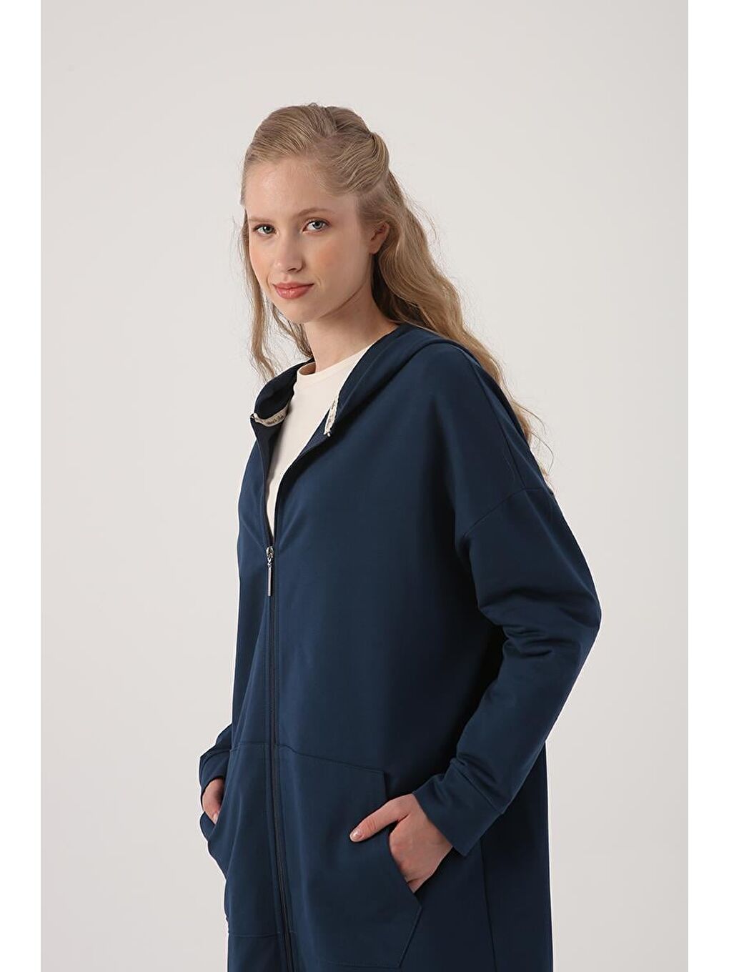 Koyu İndigo Kapüşonlu Fermuarlı Sweat Hırka-4