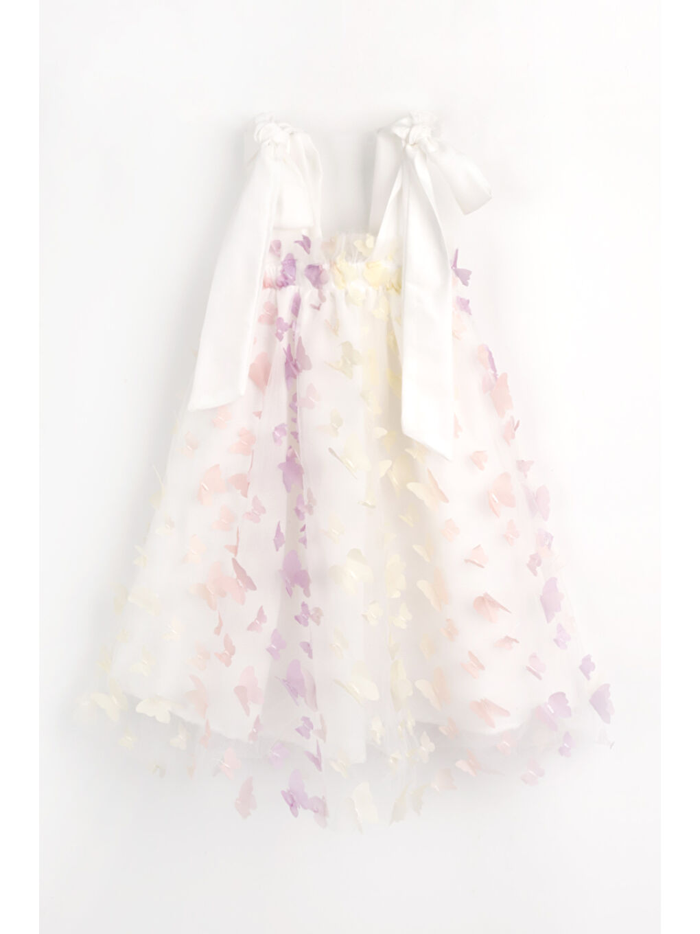 Karışık Çok Renkli Omuzdan Bağlamalı Kelebek Aplikeli Kız Çocuk Elbise - Nikki-4