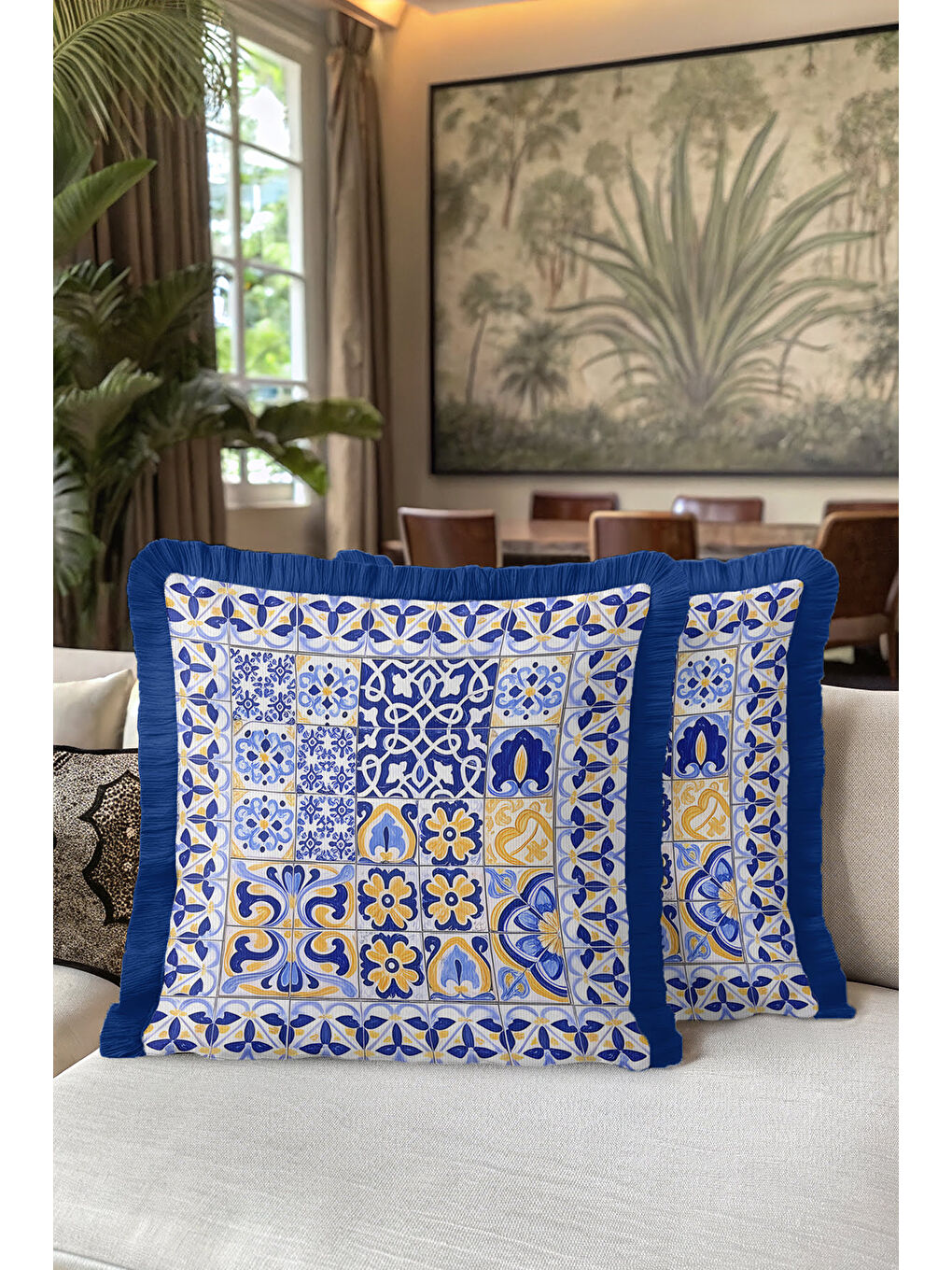 Karışık Akdeniz Mozaik Saçaklı Yastık Kılıfı - Geometrik Etnik Mavi Sarı Püsküllü Kırlent Kılıfı-5