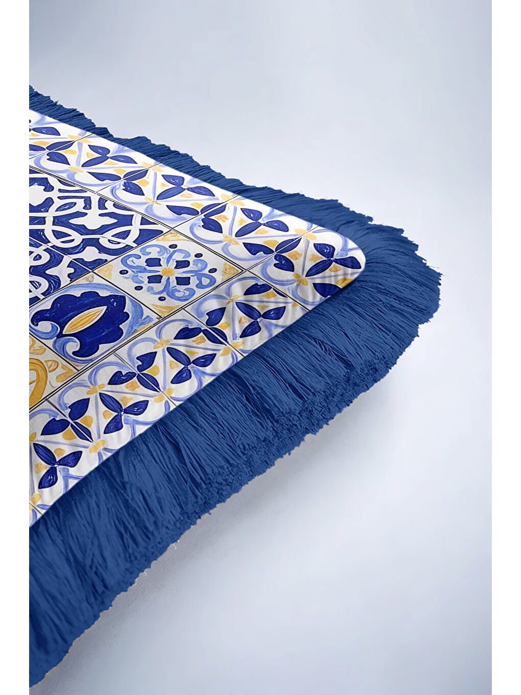 Karışık Akdeniz Mozaik Saçaklı Yastık Kılıfı - Geometrik Etnik Mavi Sarı Püsküllü Kırlent Kılıfı-6