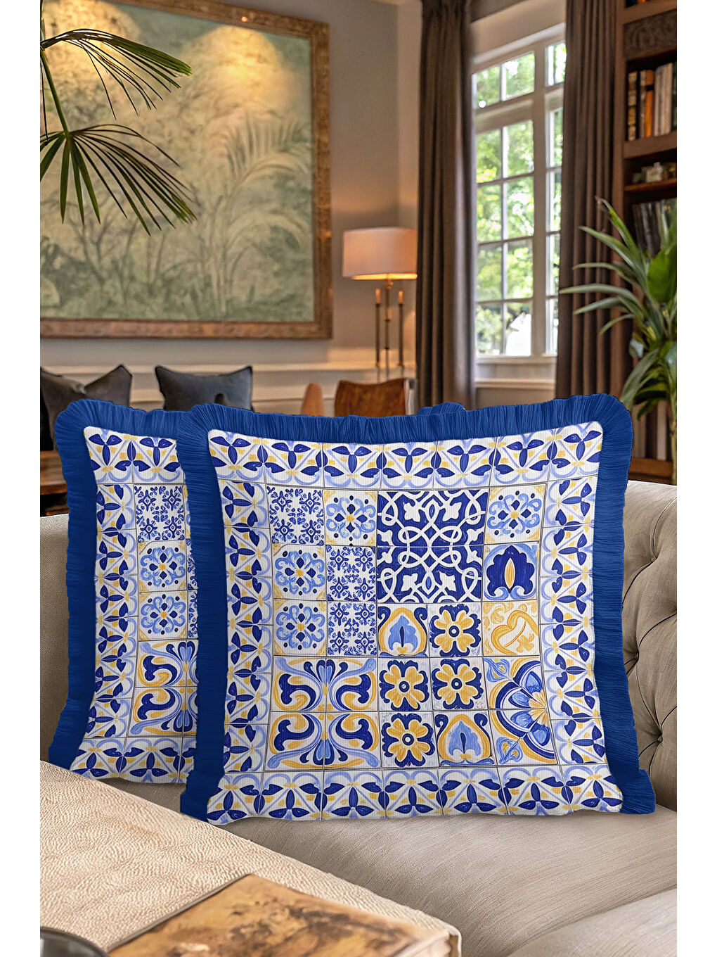 Karışık Akdeniz Mozaik Saçaklı Yastık Kılıfı - Geometrik Etnik Mavi Sarı Püsküllü Kırlent Kılıfı-7