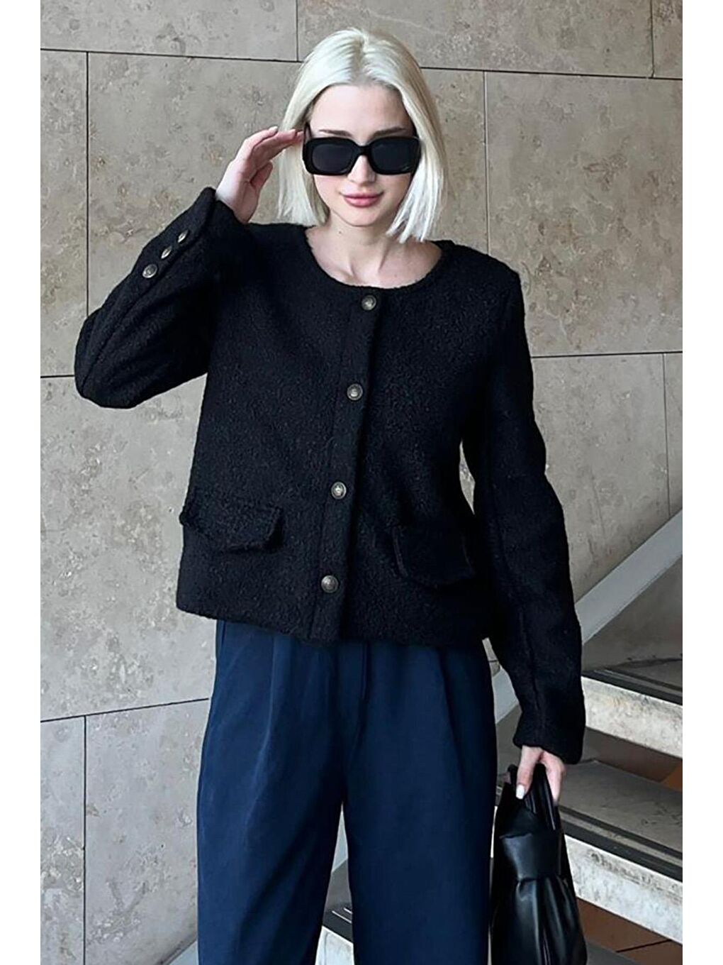 Siyah Düğmeli Buklet Triko Cep Detaylı Ceket Mg2170-1