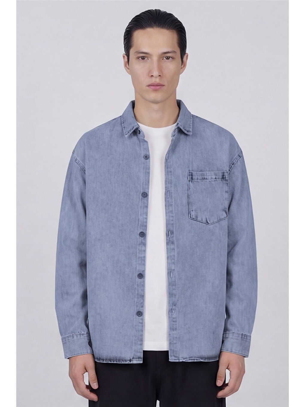 Buz Mavisi Regular Fit Pamuk Cepli Uzun Kollu Denim Ceket Gömlek