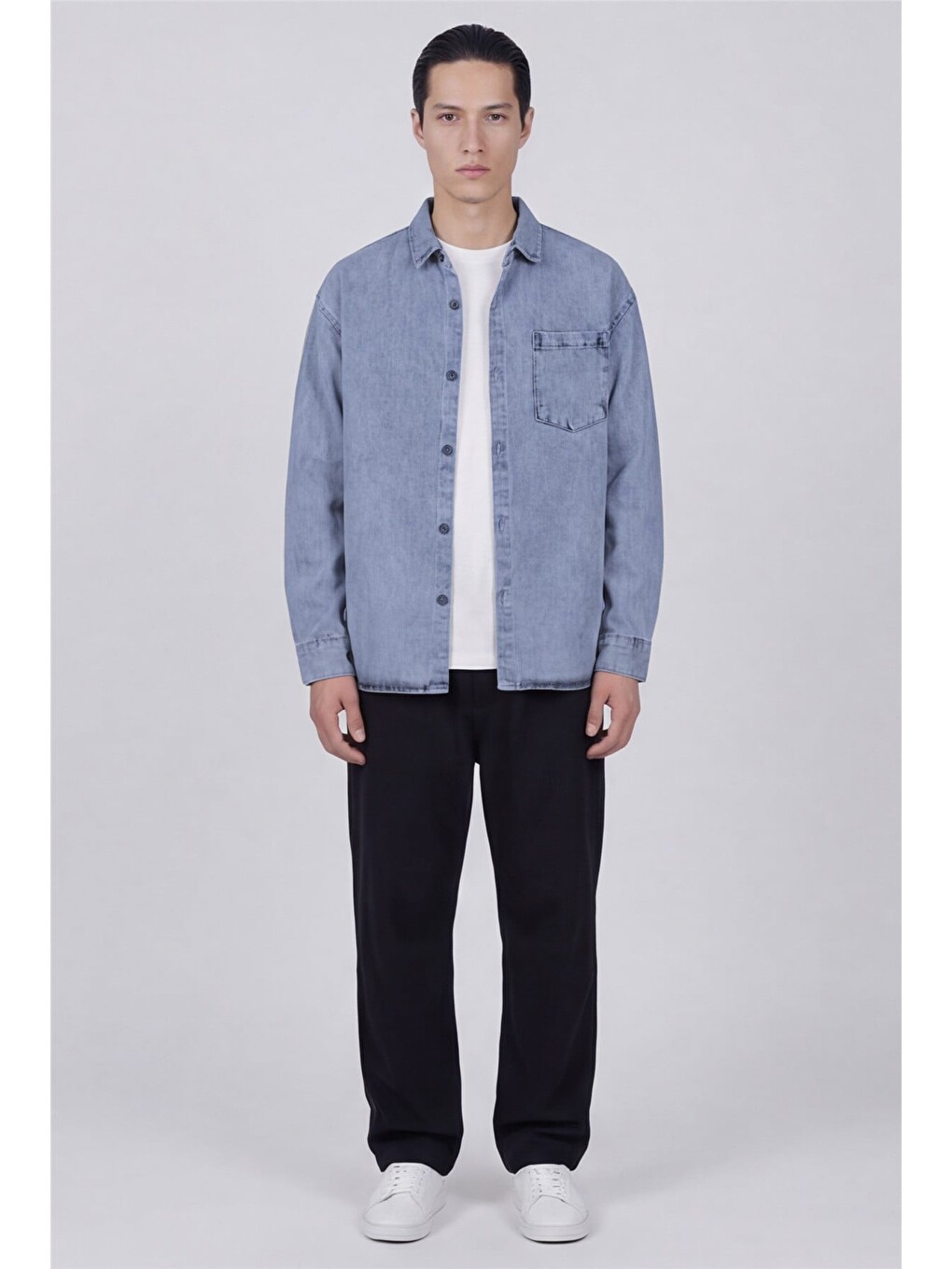 Buz Mavisi Regular Fit Pamuk Cepli Uzun Kollu Denim Ceket Gömlek-1