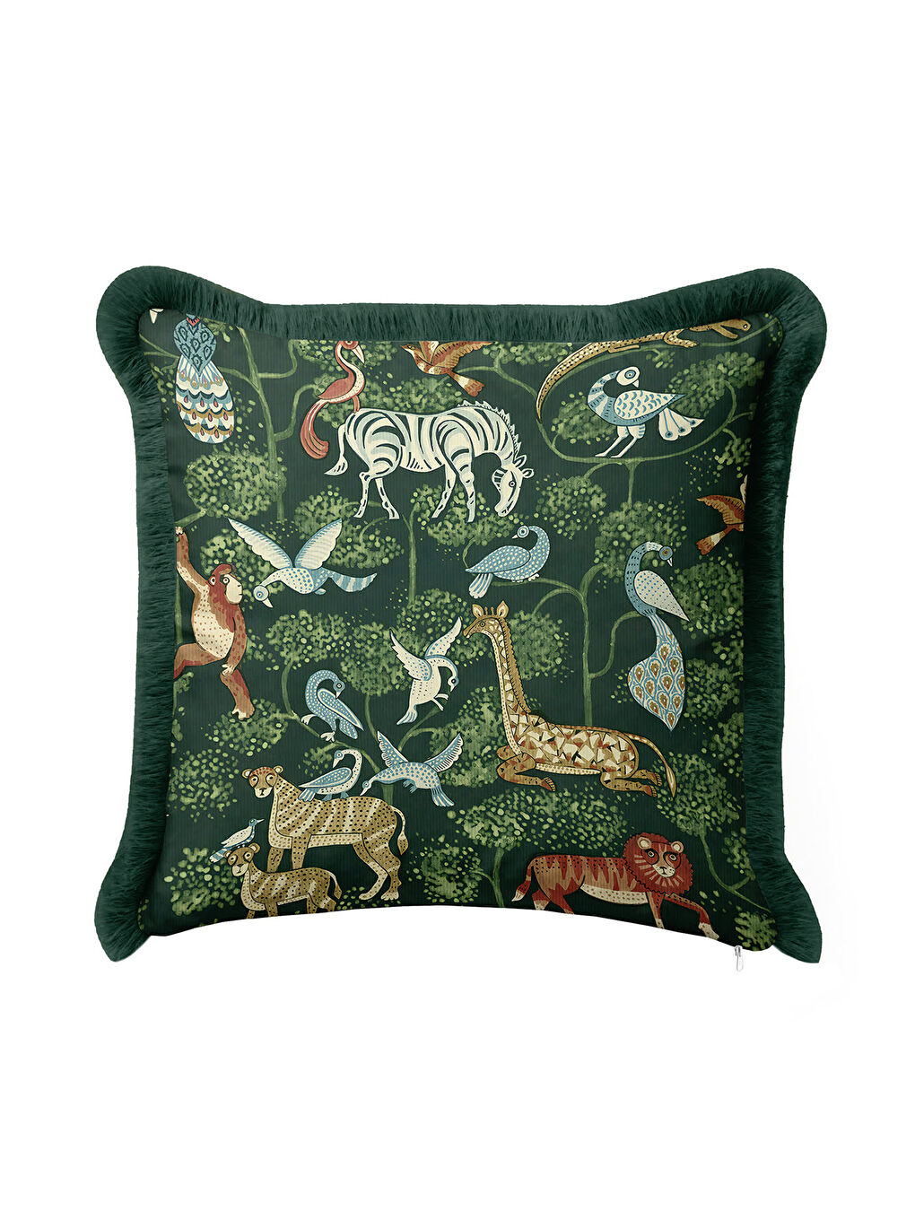Karışık Egzotik Orman Canlıları Saçaklı Yastık Kılıfı - Etnik Doğa Temalı Yeşil Püsküllü Kırlent Kılıfı-1