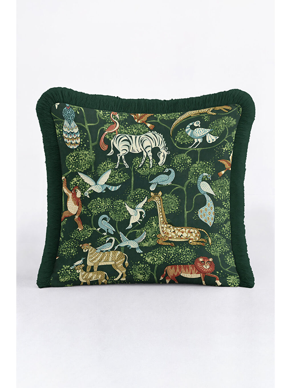 Karışık Egzotik Orman Canlıları Saçaklı Yastık Kılıfı - Etnik Doğa Temalı Yeşil Püsküllü Kırlent Kılıfı-3