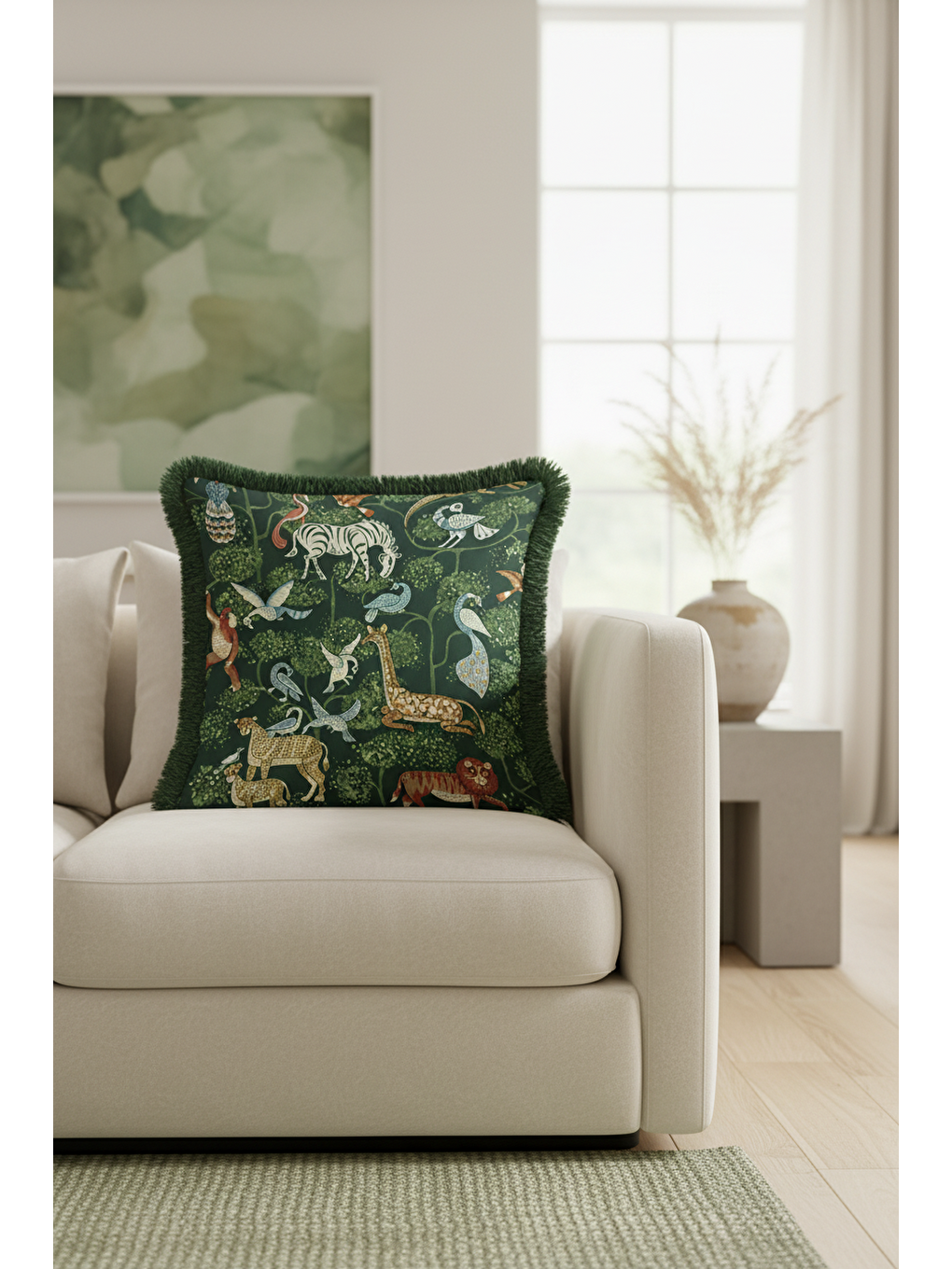 Karışık Egzotik Orman Canlıları Saçaklı Yastık Kılıfı - Etnik Doğa Temalı Yeşil Püsküllü Kırlent Kılıfı-4