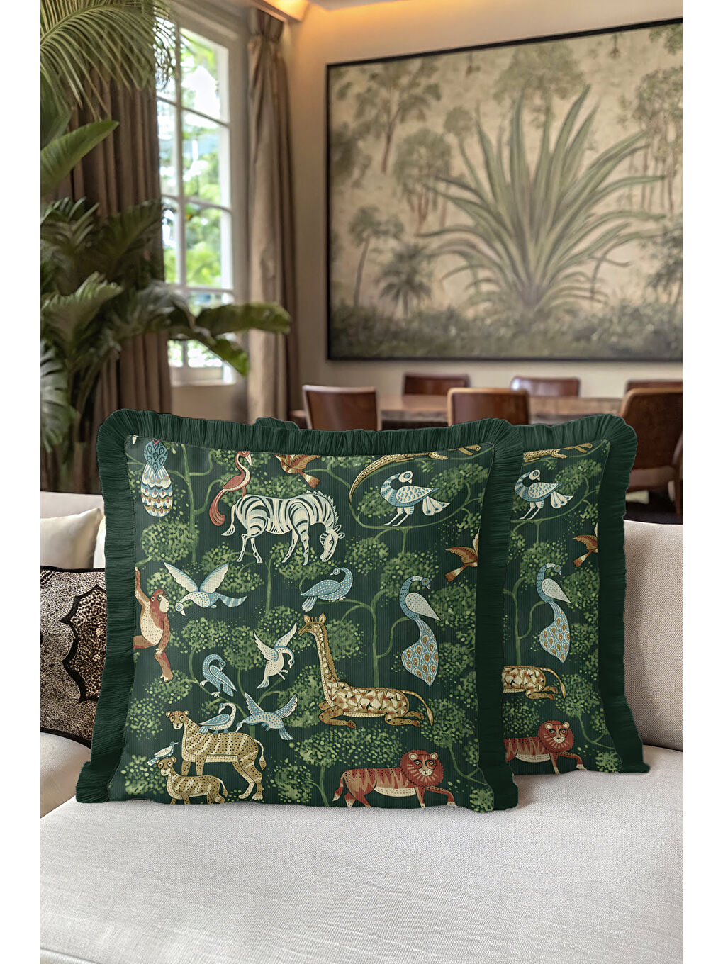Karışık Egzotik Orman Canlıları Saçaklı Yastık Kılıfı - Etnik Doğa Temalı Yeşil Püsküllü Kırlent Kılıfı-5
