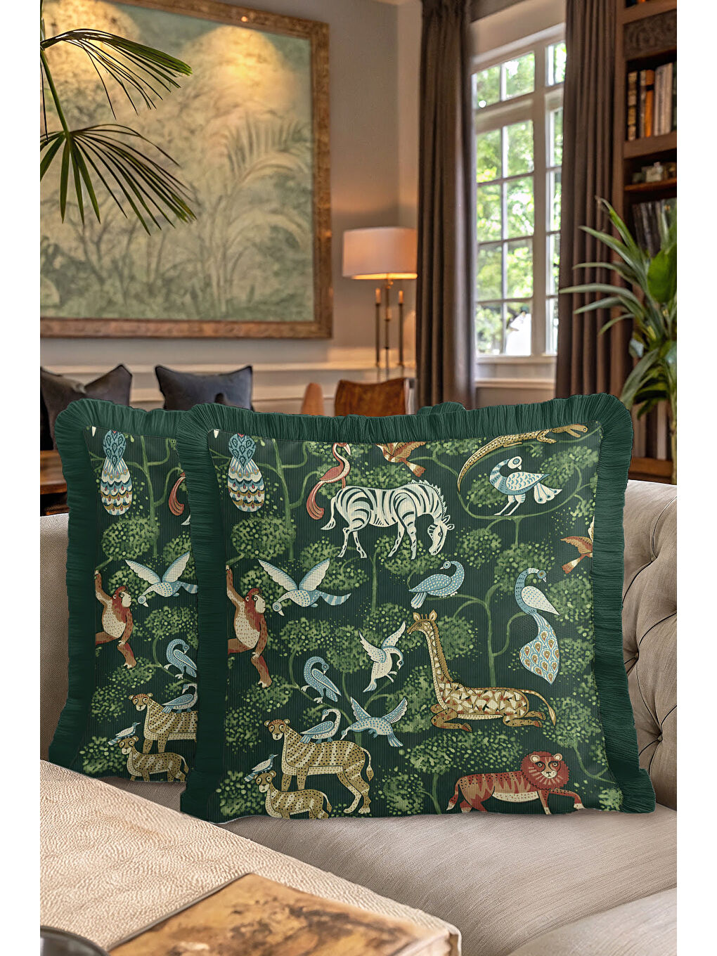 Karışık Egzotik Orman Canlıları Saçaklı Yastık Kılıfı - Etnik Doğa Temalı Yeşil Püsküllü Kırlent Kılıfı-7