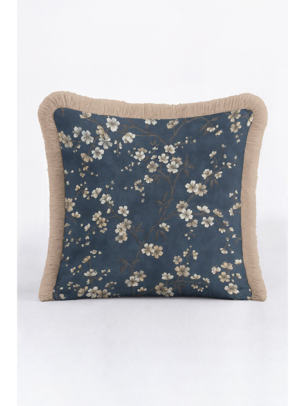 Karışık Lüks Çiçek Motifli Saçaklı Yastık Kılıfı - Zarif Vintage Tarz Lacivert Bej Püsküllü Kırlent Kılıfı