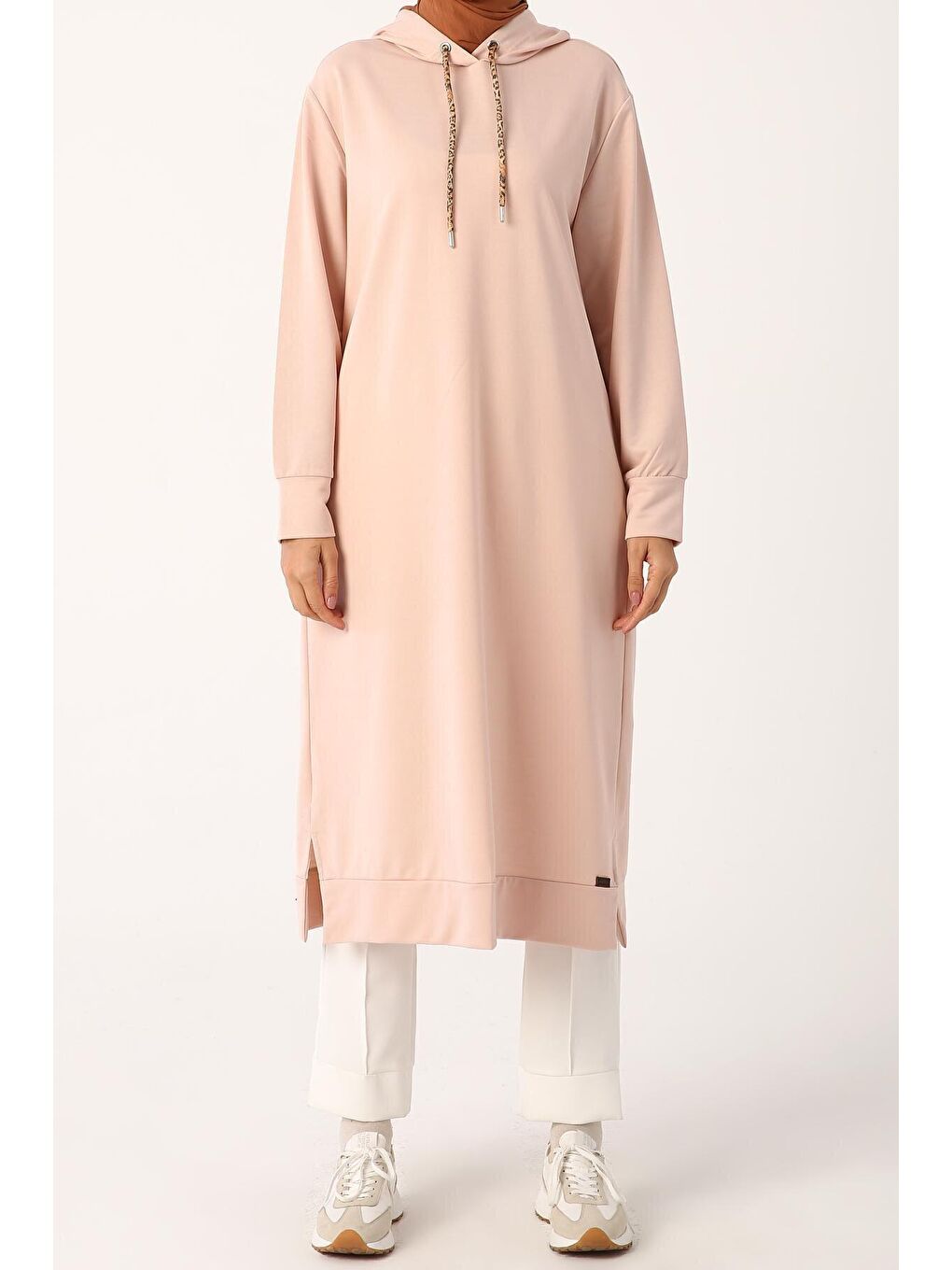 Pembe Pudra Leopar Bağcıklı Kapüşonlu Rahat Örme Tunik-1