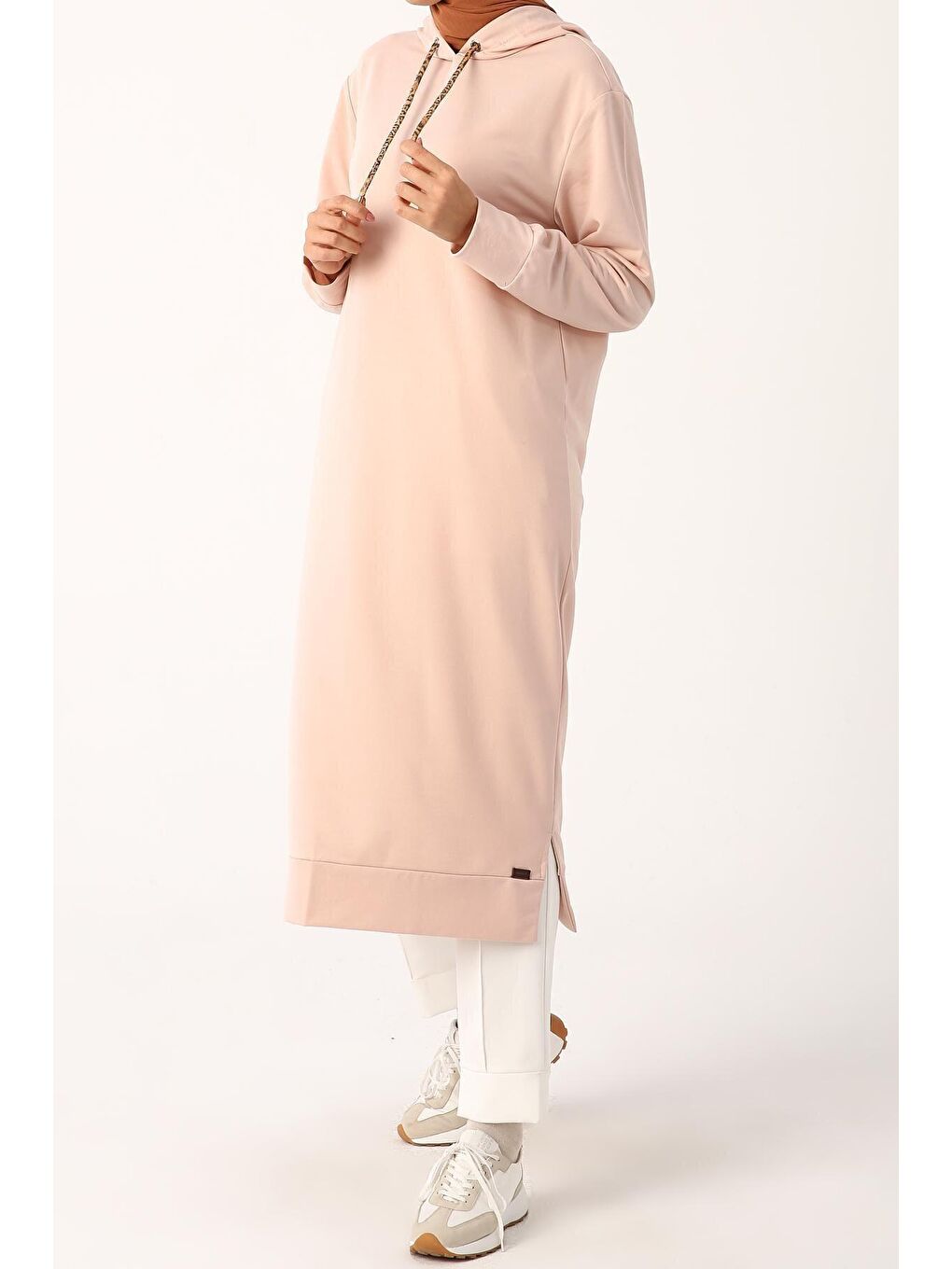 Pembe Pudra Leopar Bağcıklı Kapüşonlu Rahat Örme Tunik-2