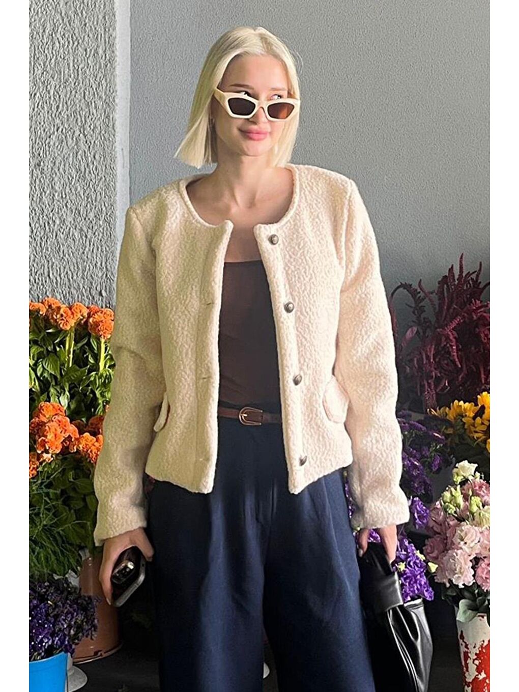 Bej Düğmeli Buklet Triko Cep Detaylı Ceket Mg2170-1