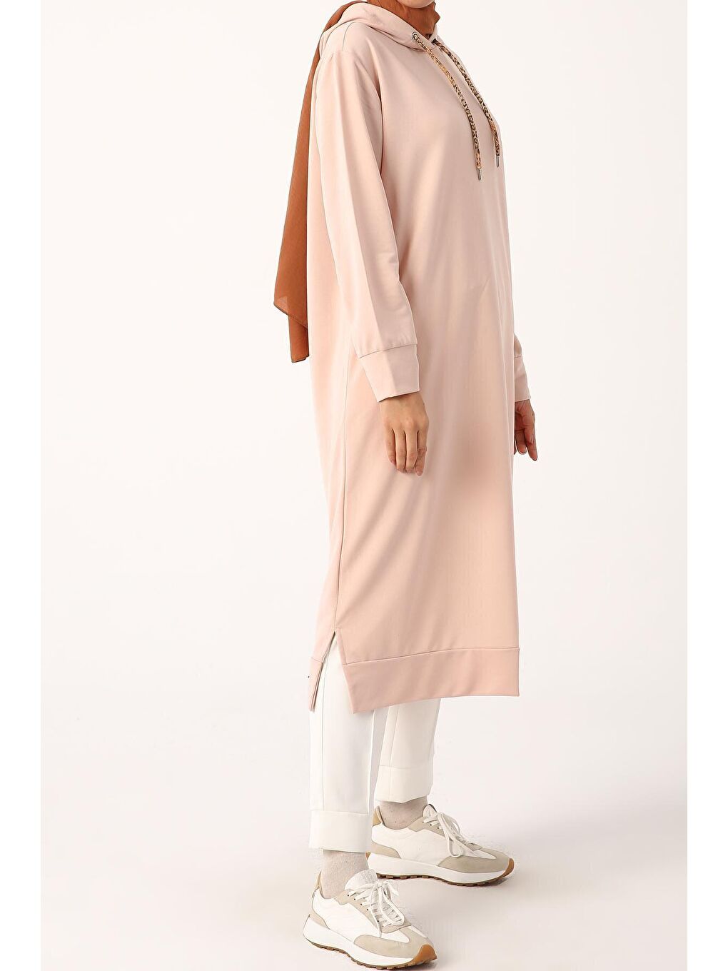 Pembe Pudra Leopar Bağcıklı Kapüşonlu Rahat Örme Tunik-3