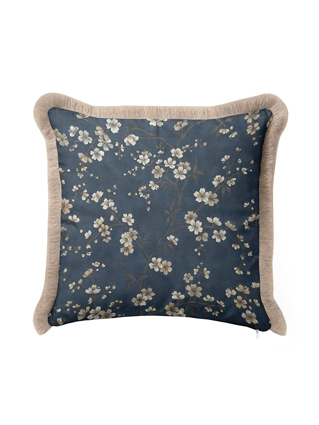 Karışık Lüks Çiçek Motifli Saçaklı Yastık Kılıfı - Zarif Vintage Tarz Lacivert Bej Püsküllü Kırlent Kılıfı-4