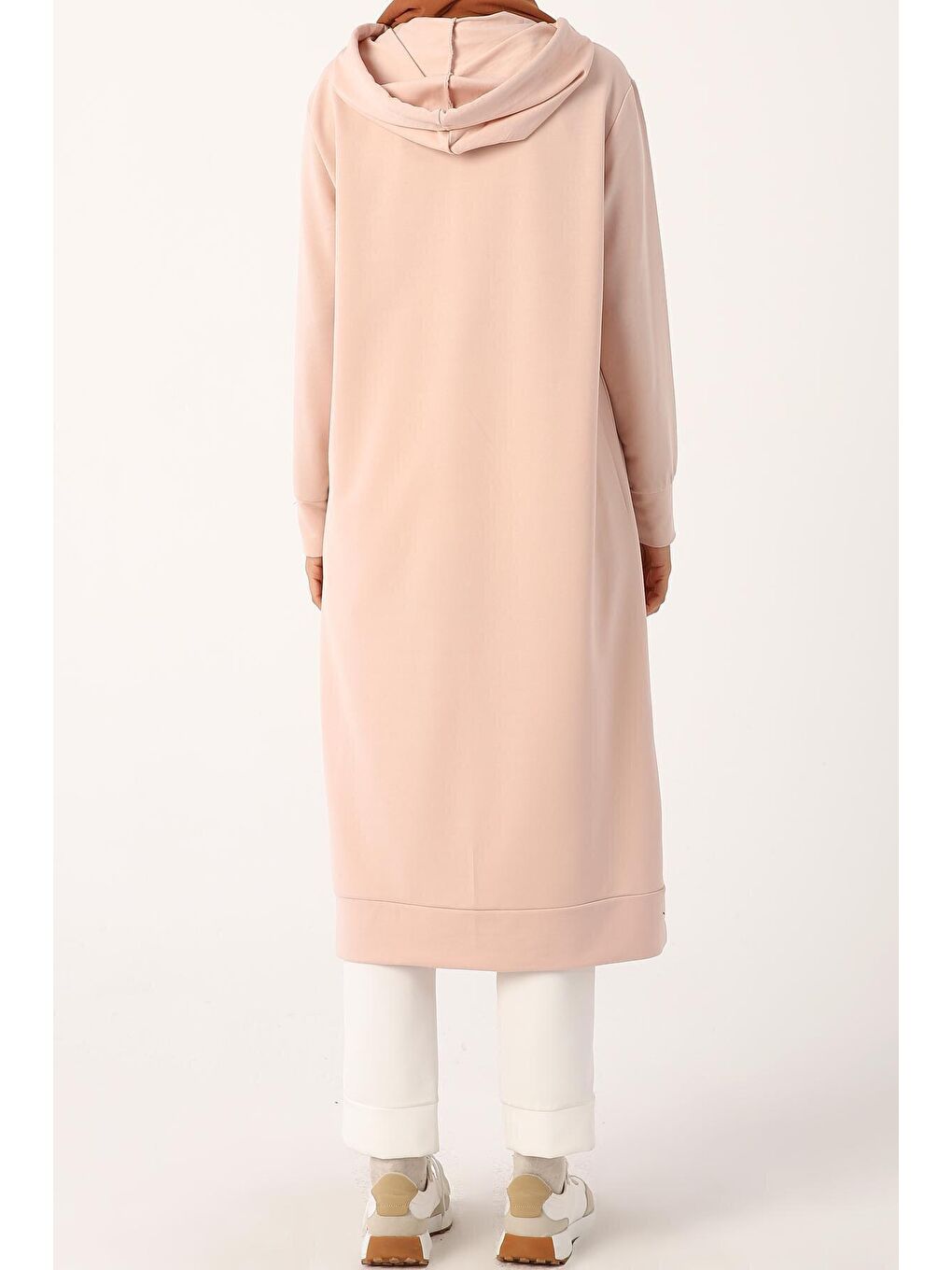 Pembe Pudra Leopar Bağcıklı Kapüşonlu Rahat Örme Tunik-4