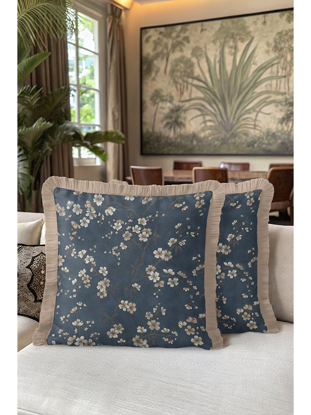 Karışık Lüks Çiçek Motifli Saçaklı Yastık Kılıfı - Zarif Vintage Tarz Lacivert Bej Püsküllü Kırlent Kılıfı-5