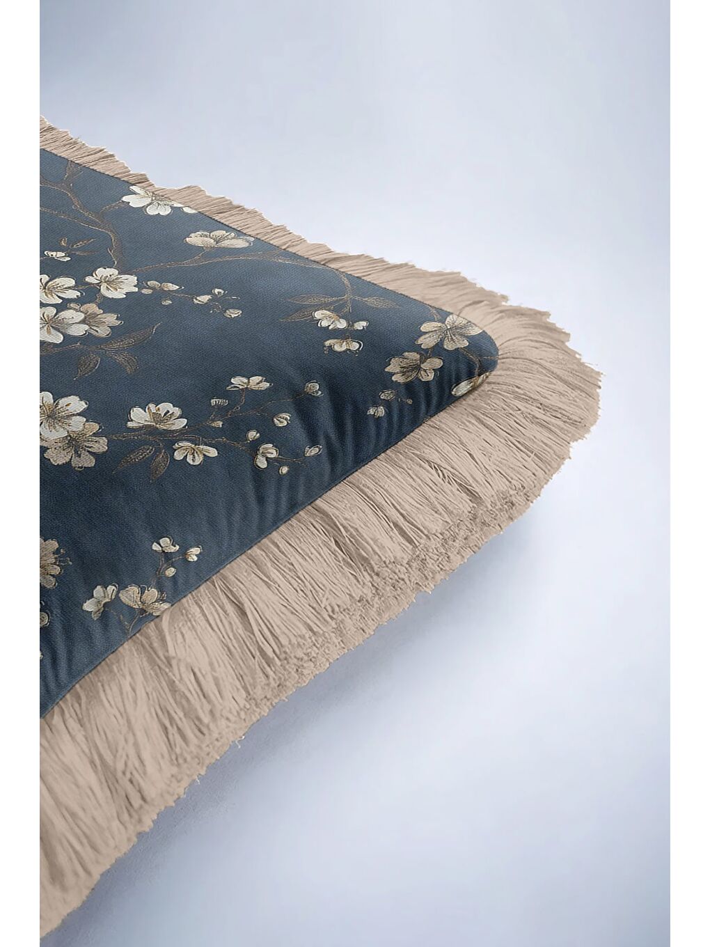 Karışık Lüks Çiçek Motifli Saçaklı Yastık Kılıfı - Zarif Vintage Tarz Lacivert Bej Püsküllü Kırlent Kılıfı-6