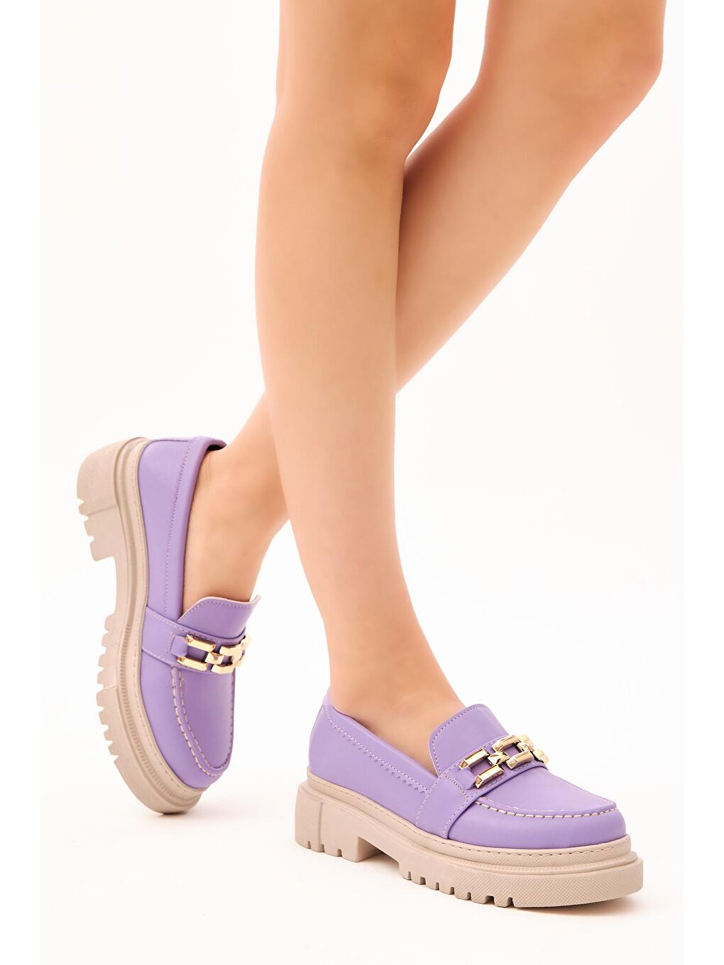 Kadın Lila Zincir Tokalı Yüksek Taban Günlük Ayakkabı-1