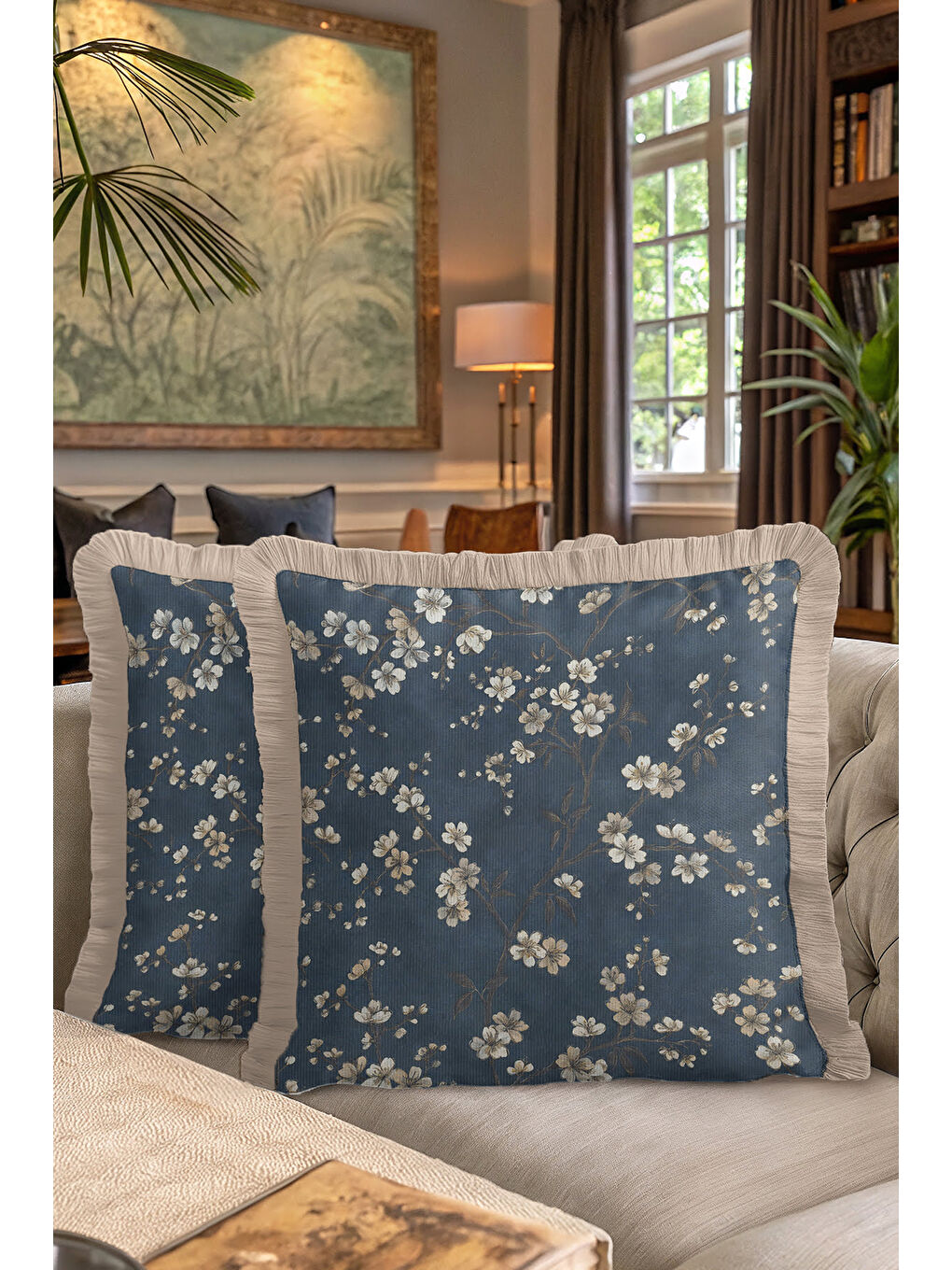 Karışık Lüks Çiçek Motifli Saçaklı Yastık Kılıfı - Zarif Vintage Tarz Lacivert Bej Püsküllü Kırlent Kılıfı-7