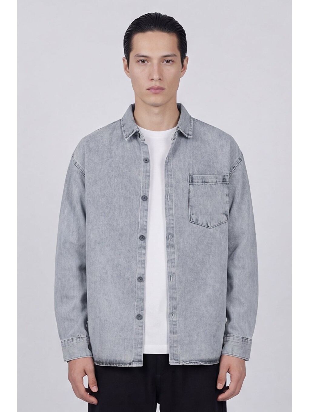 Açık Gri Regular Fit Pamuk Cepli Uzun Kollu Denim Ceket Gömlek