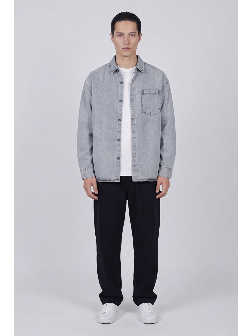 Açık Gri Regular Fit Pamuk Cepli Uzun Kollu Denim Ceket Gömlek-1