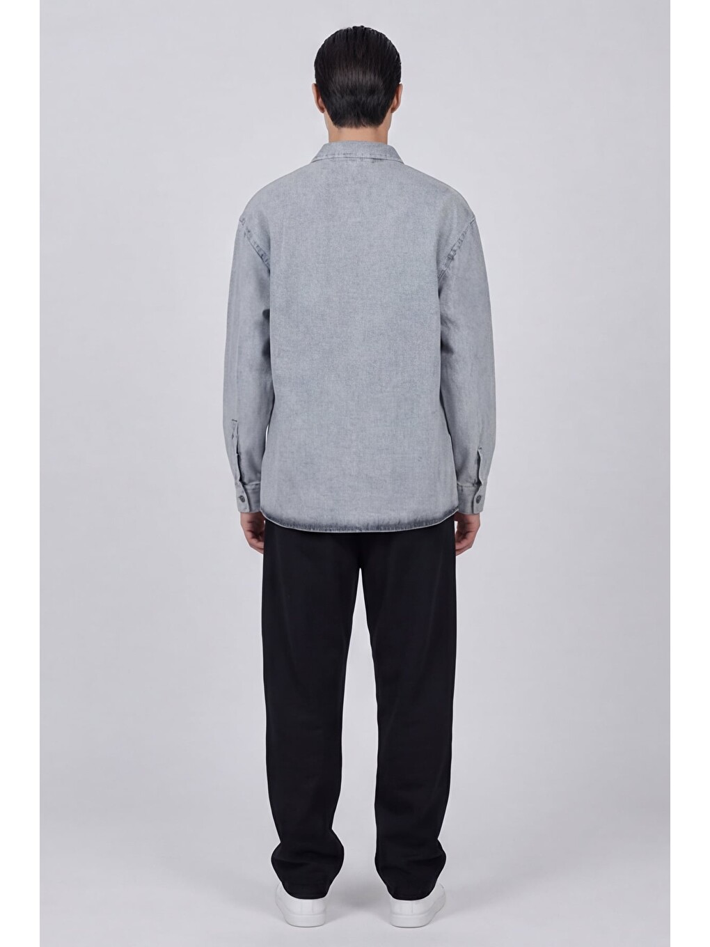 Açık Gri Regular Fit Pamuk Cepli Uzun Kollu Denim Ceket Gömlek-3