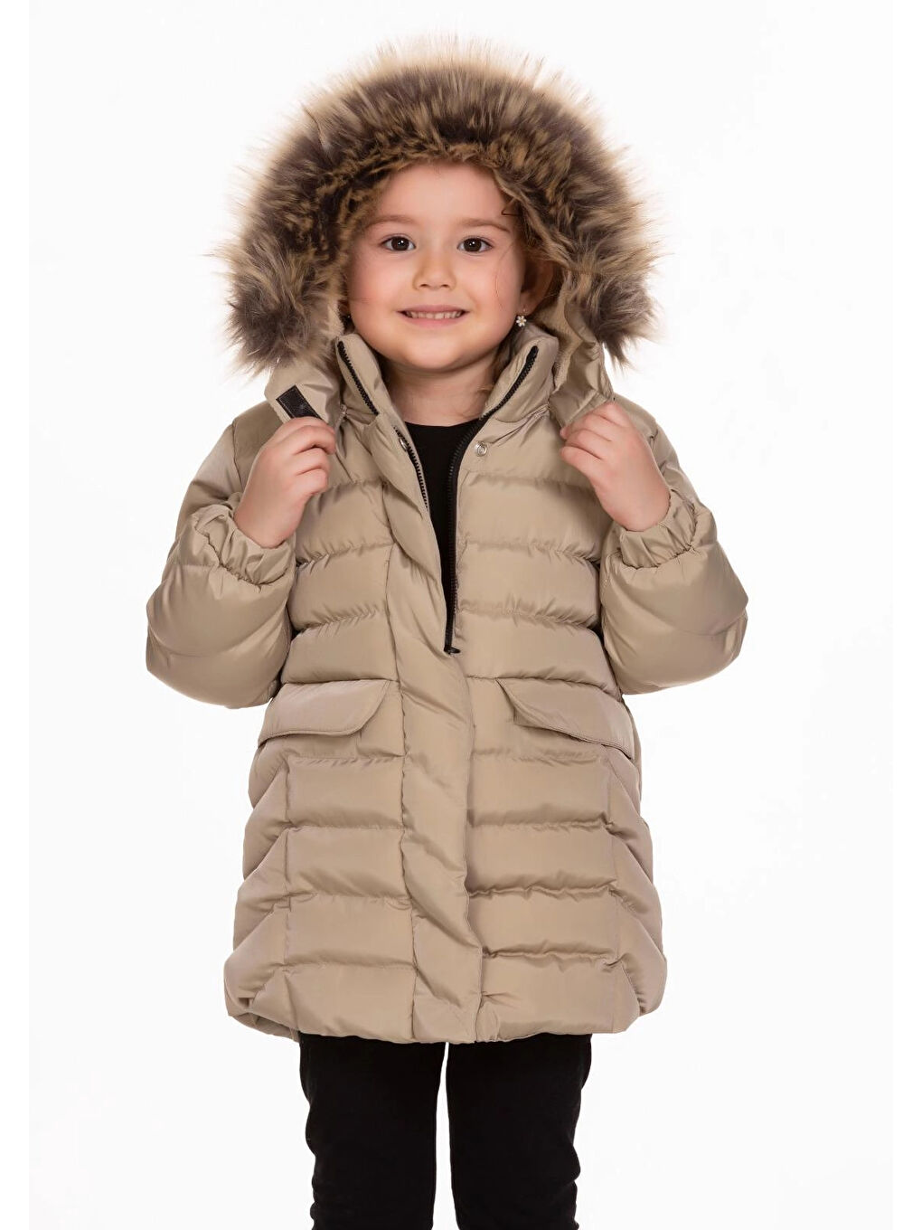 Bej Desenli Kapüşonlu Kız Çocuk Mont 4013 1