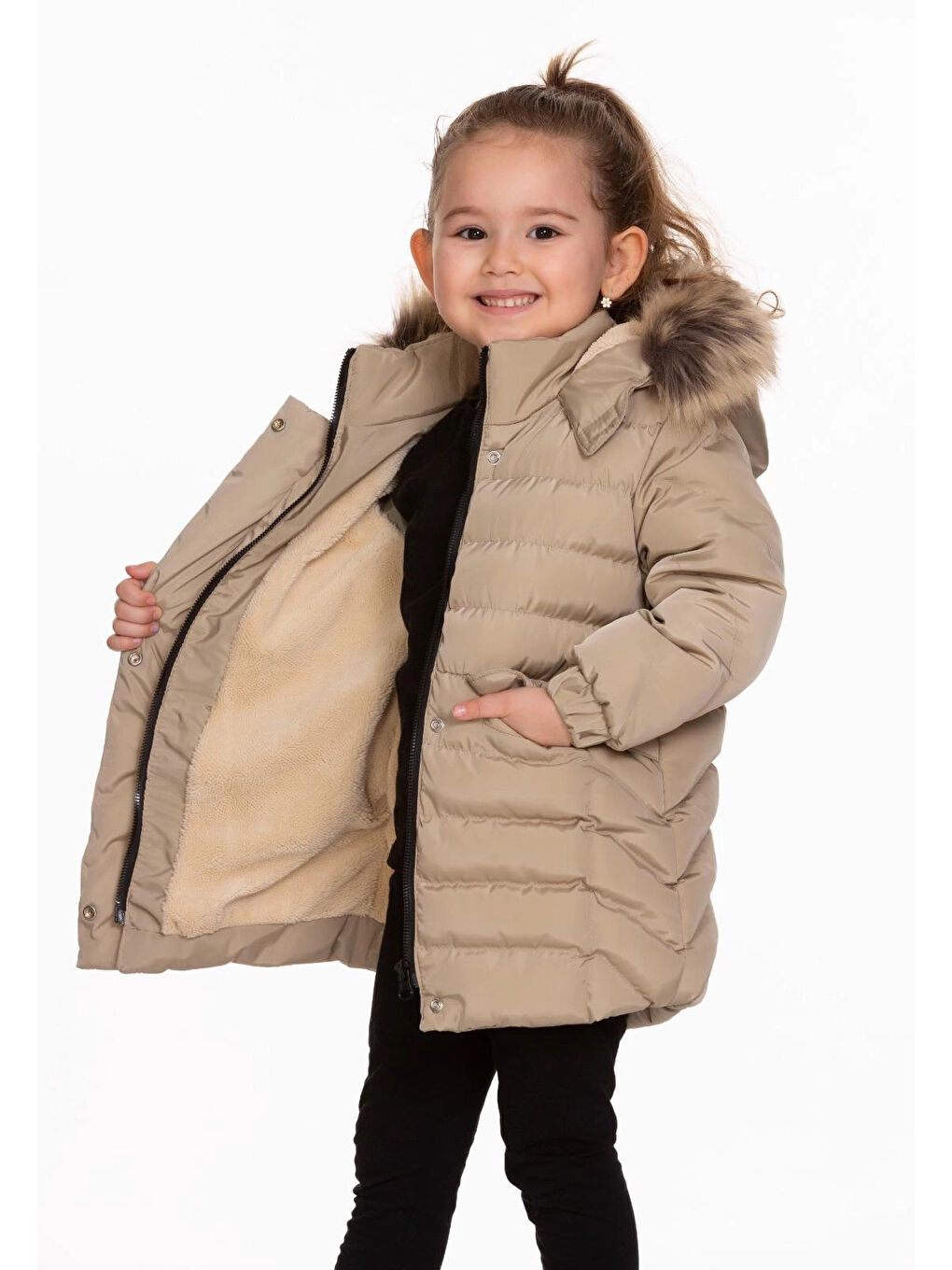 Bej Desenli Kapüşonlu Kız Çocuk Mont 4013 1-1