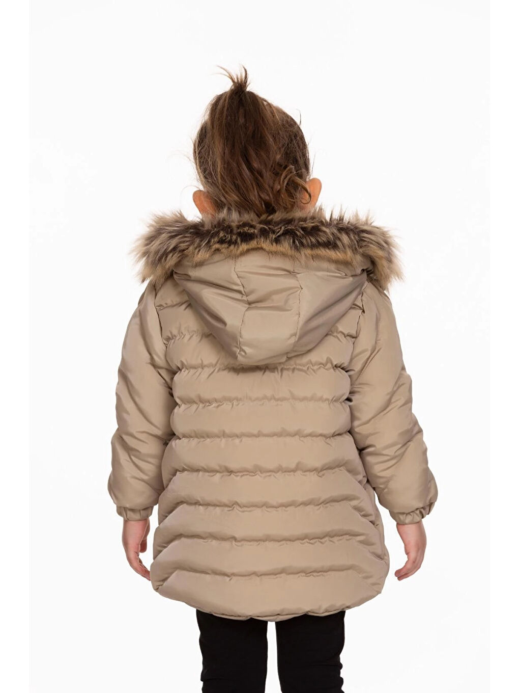 Bej Desenli Kapüşonlu Kız Çocuk Mont 4013 1-2