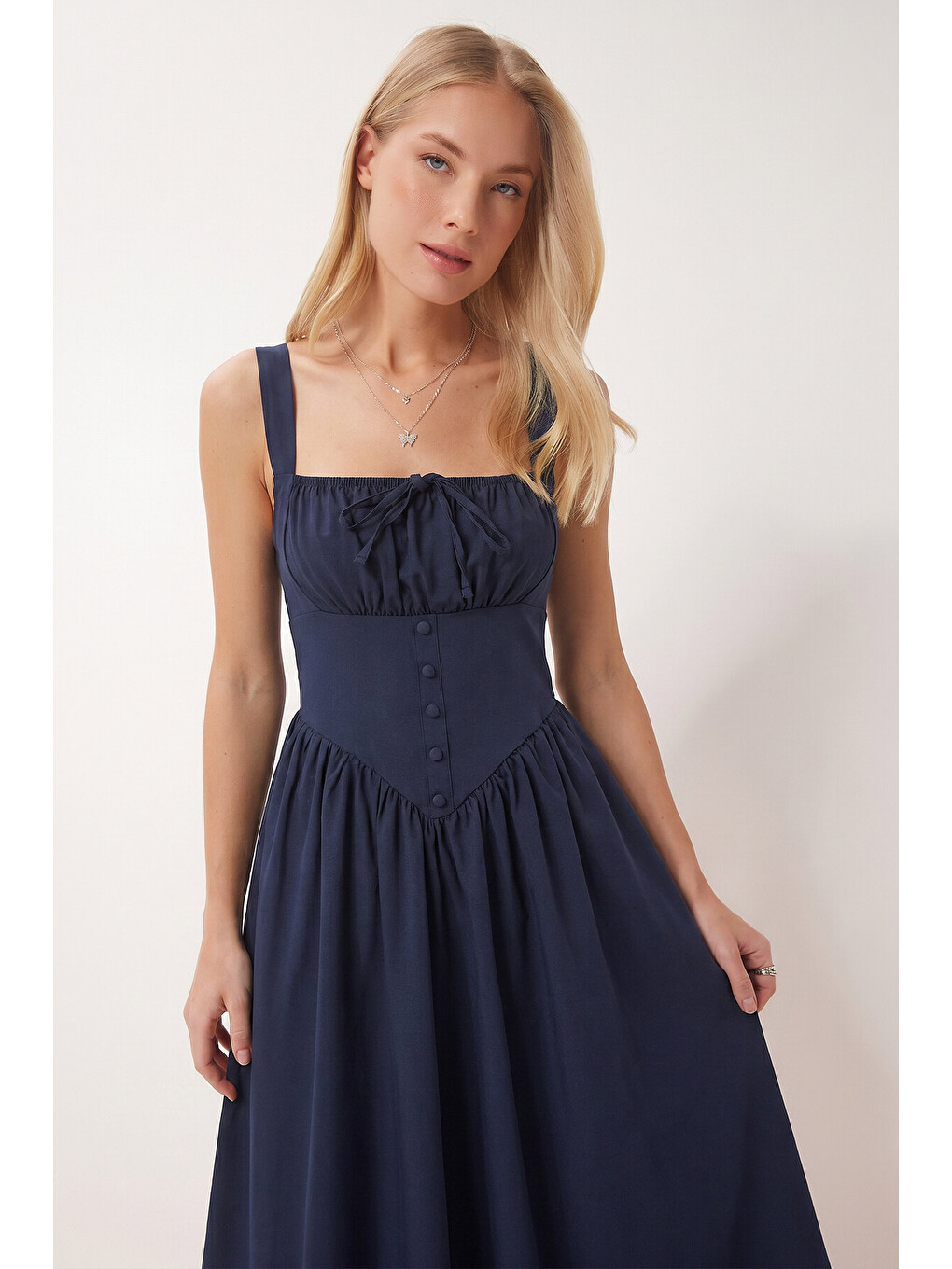 Lacivert Korse Görünümlü Poplin Midi Elbise LACİVERT LUB0354-3