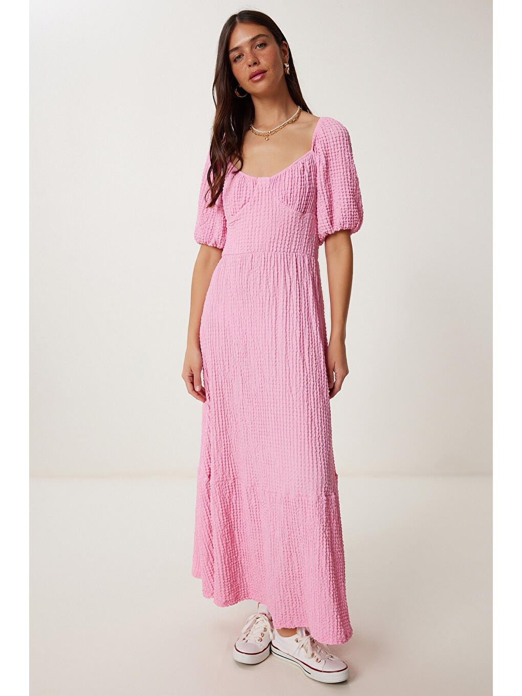 Pembe Kalp Yaka Dokulu Yazlık Örme Elbise PEMBE LUB0010-2