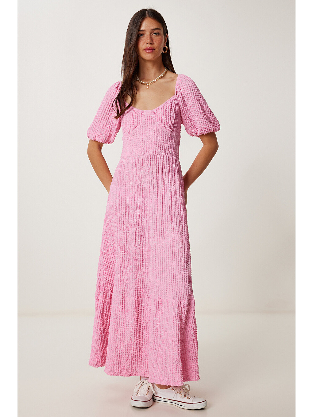Pembe Kalp Yaka Dokulu Yazlık Örme Elbise PEMBE LUB0010-3