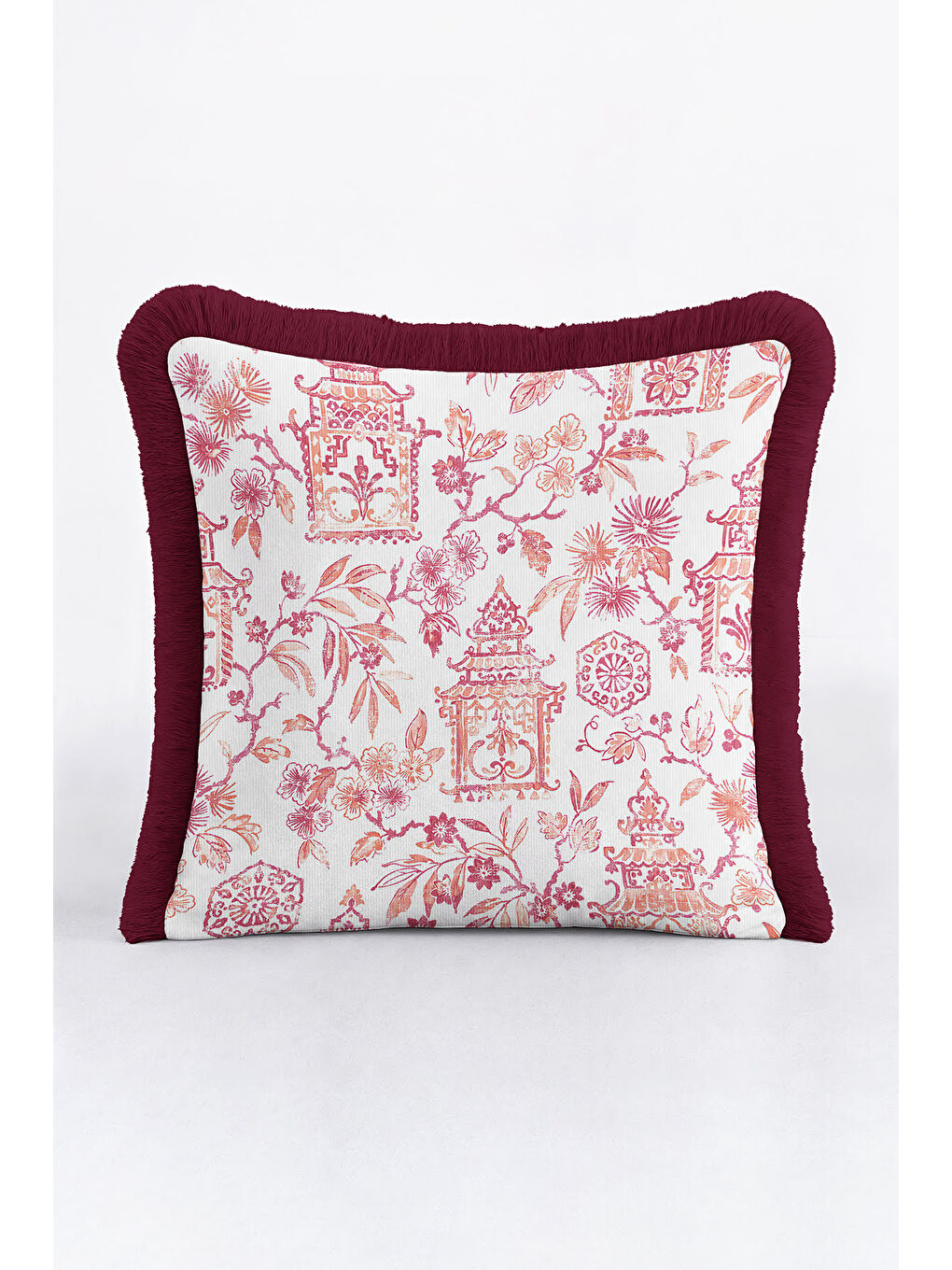 Karışık Lüks Saray Motifli Saçaklı Yastık Kılıfı - Doğu Esintisi Klasik Bordo Püsküllü Kırlent Kılıfı-2