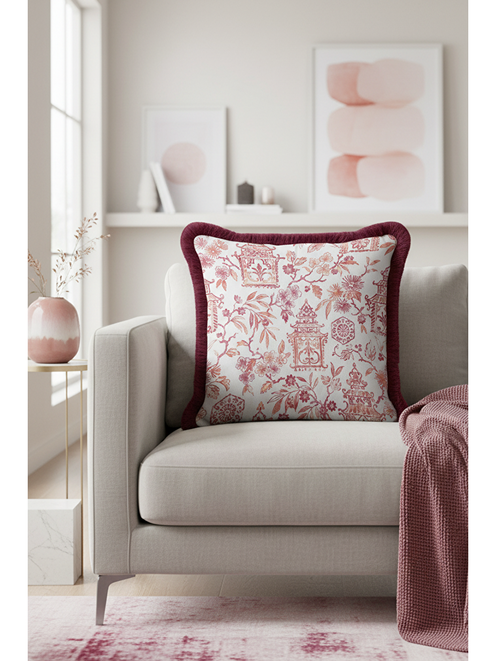 Karışık Lüks Saray Motifli Saçaklı Yastık Kılıfı - Doğu Esintisi Klasik Bordo Püsküllü Kırlent Kılıfı-3